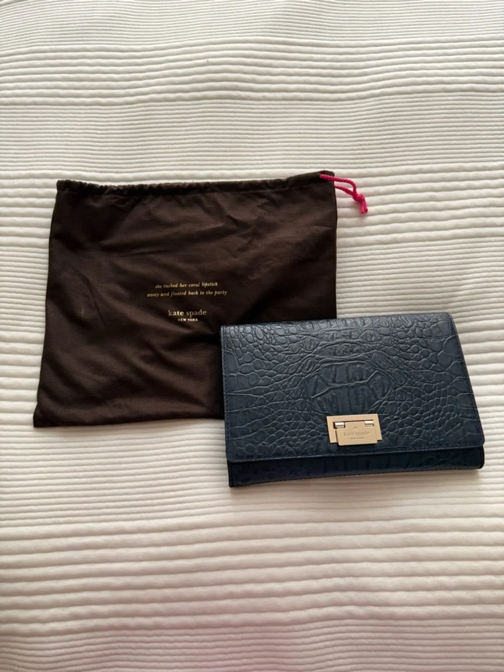 New kate spade Croc-Embossed Leather Flap Clutch with Gold Hardware